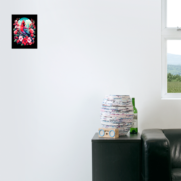 Cute Northern Cardinal Surrounded by Vibrant Spring Flowers by BirdsnStuff